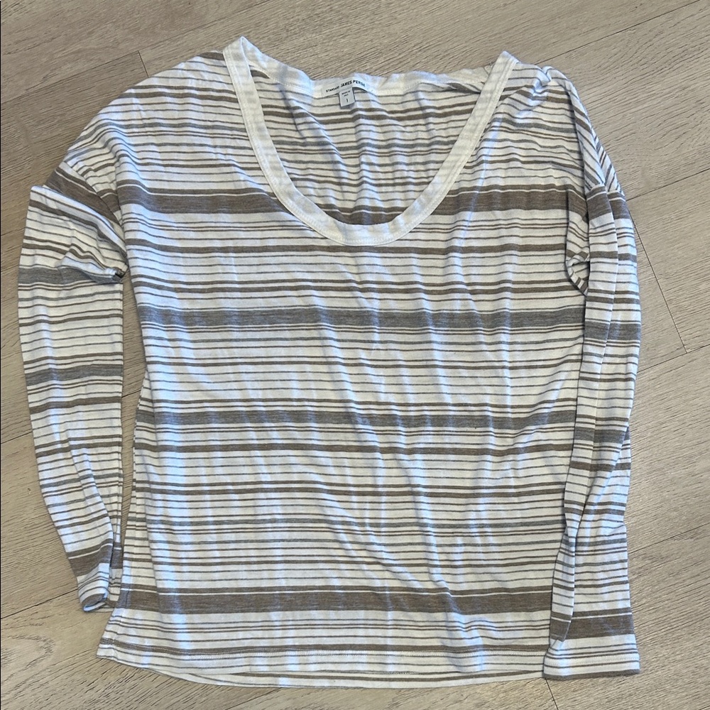 James Perse White and Gray Striped Long Sleeve Tee